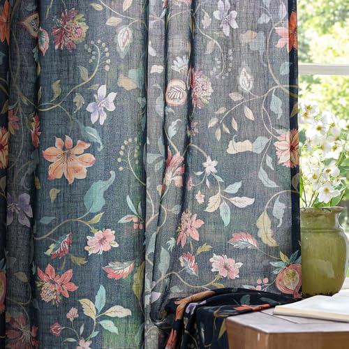 Image of jinchan Dark Blue Floral Linen Curtains 84 Inch Vintage Back Tab 2 Panels