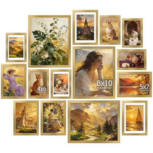 HappyHapi 15 Pack Gold Picture Frames Collage Wall Decor, Gallery Wall Frame Set for Mounting &...