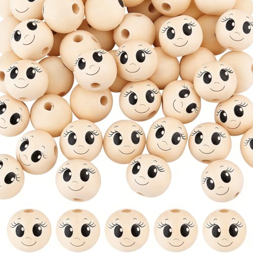 sengcengs Holzkugeln mit Loch und Gesicht 20mm 80 Stück Holzperlen mit Gesicht Runde Holzperlen für Sorgenwürmchen Glückswürmchen Kann für DIY Schmuck Schlüsselanhänger Dekoration usw