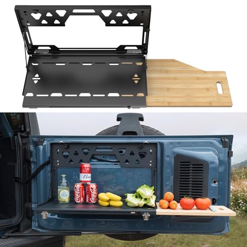 Bronco Tailgate Table for 2021-2026 Ford Bronco 2/4 Door Foldable Rear Cargo Table & Shelf Storage with Extra Solid Bamboo Extension Board No-Drill Install Camping Overlanding Bronco Accessories