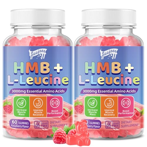 Saajoor 2 Pack HMB and L-Leucine 3000mg with Calcium Gummies - Muscle Support & Recovery for Adults & Elderly Vegan Non-GMO Gluten Free 120 Gummies