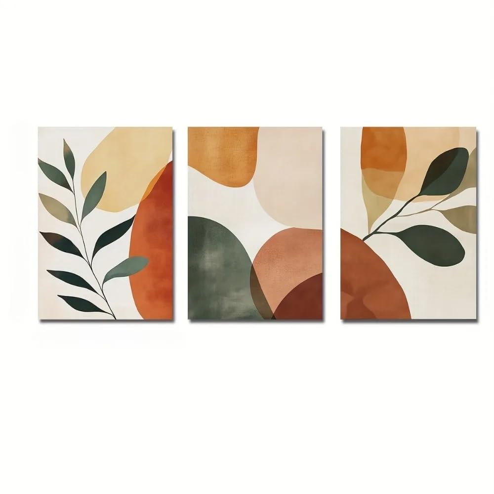 Lienzo estampado geométrico botánico bohemio, con los tonos tierra más grandes y formas abstractas, decoración para sala de estar (50x70cm/3 piezas sin marco)