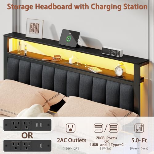 Image of Furnulem Queen Size Bed Frame with Charging Station and LED Lights, Platform Bed with Metal Slats, Grey Upholstered Headboard with 2-Tier Storage Shelves, No Box Spring Needed
