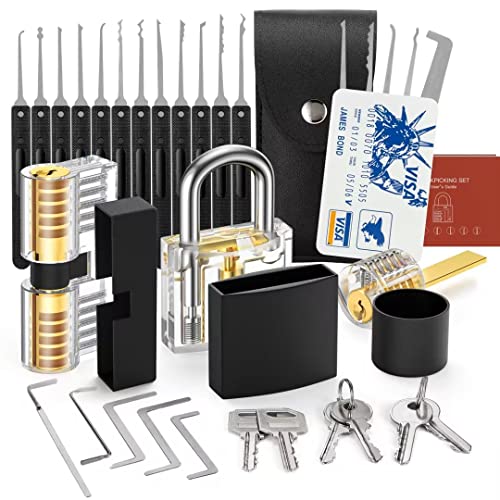 FAHEFANA 30-teiliges Lockpicking Set - [Anfänger Freundlich & 2022 Aufgerüstet] Dietrich-Set in Kreditkartengröße mit 3 Transparenten Schlösser, Anleitung zum Schlossöffnen für Anfänger und Profis Cover