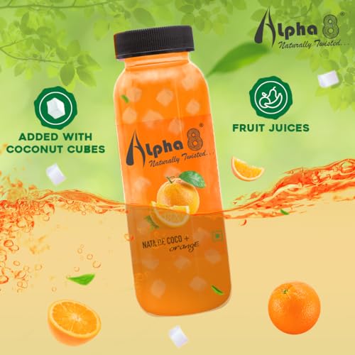 Image of ALPHA 8 FRUIT Juice with NATA De Coco Coconut Cubes Natural Energizer & Immunity Booster, Healthy Juice, High Fiber, Real Natural Taste((Orange Juice, Pack of 24)