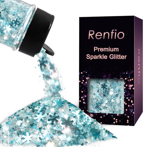 Renfio Snowflake Chunky Glitter Light Blue White Opal Iridescent Glitter 1.76oz/50g Mixed Size Hexagon Sequins Confetti for Winter Snowglobe Tumbler Resin Craft Nail Face Hair Festival Decor