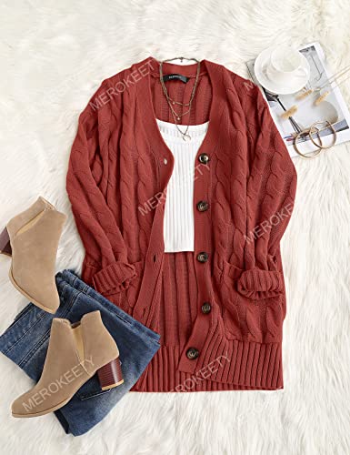 Merokeety Women's Long Sleeve Cable Knit Sweater Open Front Cardigan Button Loose Outerwear Rust #TOP5