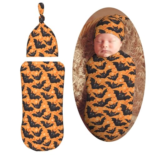Image of Halloween Big Eyes Bat with Moon Newborn Swaddle Blankets Hat Sets Soft Baby Receiving Blanket Swaddle Sack for Baby Shower Infant Boy Girl Gift