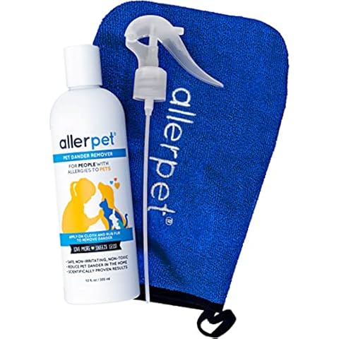 Allerpet Multi-Pet Dander Remover with FREE Application Mitt & Sprayer - Best Pet Dander Remover for Allergens - For Dog/Cat Dry Skin Treatment - Made in USA - (12oz) Cover