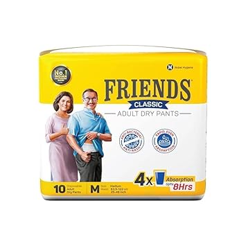 Friends Classic Adult Diapers Pants Style - 10 Count/Pack with odour lock and Anti-Bacterial Absorbent Core- Waist Size 25-48 inch ; 63.5-122cm (Medium, 10 Count)