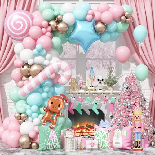 Christmas Balloon Garland Arch Kit, Nutcracker Balloon Pastel Pink Green Balloons Candy Cane Reindeer Peppermint Foil Balloons for Candyland Christmas Party Decorations Xmas Birthday Holiday Party