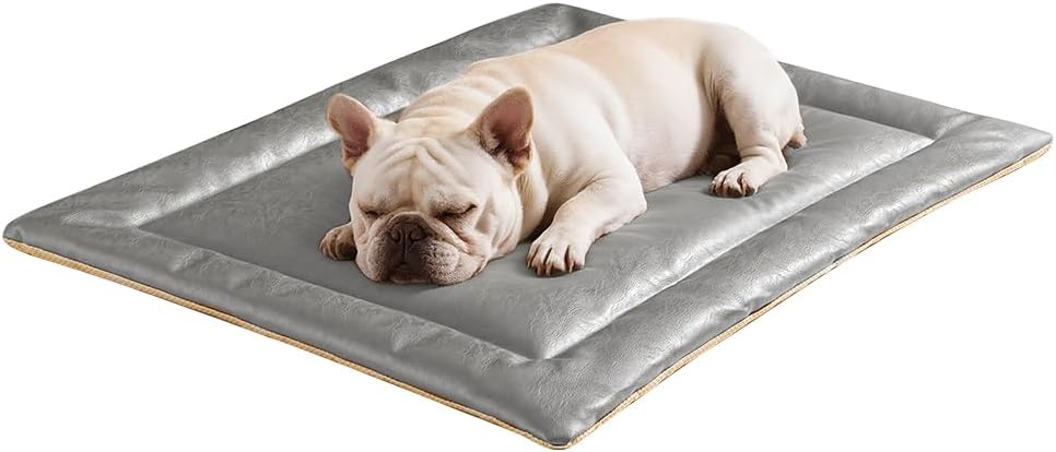 Dog Bed for Crate Puppy Beds PU Leather Crate Pad Mat for Medium Dogs Waterproof Anti-Slip Polyester Fiberfill 27.5×35.4×1inch Grey