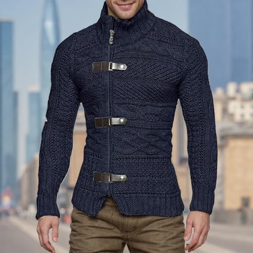 Mens Cable Knitted Cardigan Sweaters Long Sleeve Stand Collar Soft Comfortable Turtleneck for Daily Wear2