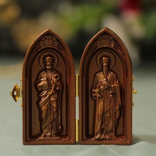 Saint Peter & Saint Paul Wooden Diptych – Antique Style Catholic Art | Religious Christian Gift | Apostles Prayer Decor | Handmade Wood Icon (Height 3.9 Inches)