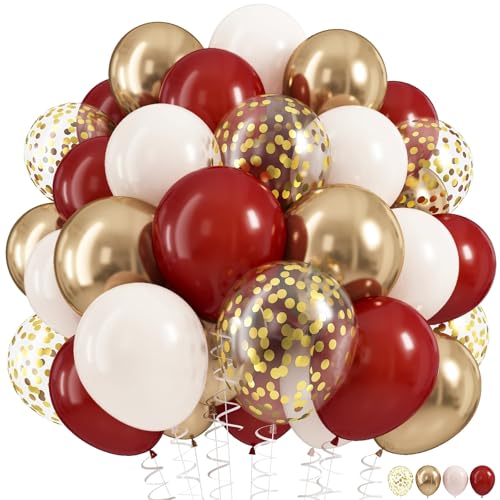 Image of Burgundy and Gold Balloons, 60Pcs Burgundy Maroon Wine Dark Red White Metallic Gold Nude Balloons with Confetti Balloons for Girls Birthday Graduation Bridal Shower Wedding Party Decorations Supplies