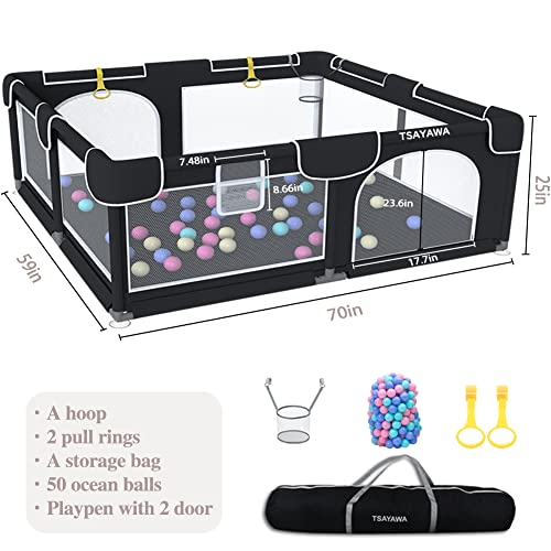 Extra Large Baby Playpen For Babies Toddlers 59"X70" -Portable Baby Playard With 2 Door For Indoor - Black Baby Play Yard Fence With 50 Ocean Balls 2 Pull Rings A Storage Bag #TOP4