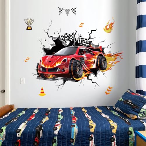decalmile 3D Racing Cars Wall Decals Red Cars Flags Wall Stickers Boys Bedroom Kids Room Playroom Wall Decor - Image 3