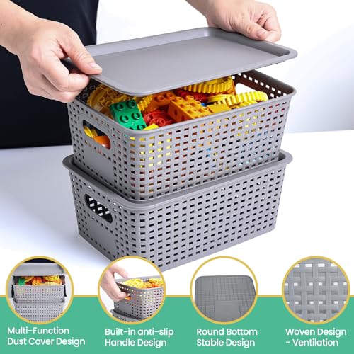 Image of Plastic Storage Baskets with Lid-Plastic Storage Containers Stackable Storage bins: Storage Baskets for Organizing Shelves Drawers Desktop Closet Playroom Classroom Office,8 Pack-Gray10.2x7.2x4.1Inch