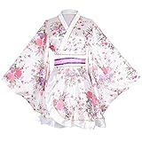Sexy Short Kimono Costume Adult Women's Japanese Geisha Yukata Prints Gown Blossom Fancy Dress with OBI Belt (32-White)