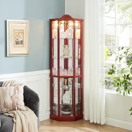 Cqsxda 20213 Lighted Corner Display Curio Cabinet Wooden Shelving Unit With Tempered Glass Door, Bar And Liquor Storage Area With 5 Shelves, Wine Cabinet With Curved Top Carving, Cherry thumb #2