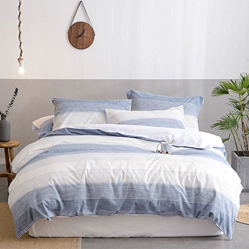 Merryfeel Cotton Duvet Cover Set King Size,100% Cotton Yarn Dyed Textured Stripe Duvet Cover Set with Button Closure,3 Pieces Bedding Set -- Blue