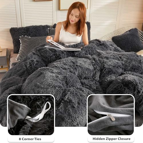 Image of LIFEREVO Luxury Plush Shaggy Duvet Cover Set, Soft Velvet Fluffy Furry Duvet Cover Set(1 Faux Fur Fuzzy Comforter Cover+1 Pom Poms Pillow Sham)Solid Bedding Set, Zipper Closure(Twin /Twin XL,Dark Gray)