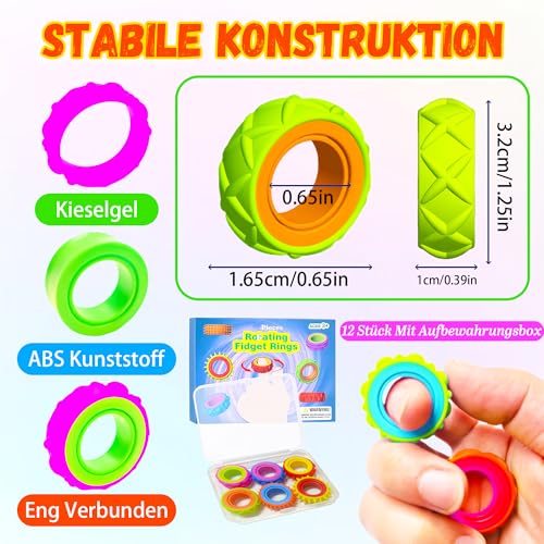 12 Stück Fidget Ring Toys Set für Kinder & Erwachsene, Silikon Anti Stress Ring, Fidget Spinner für ADHS Hilfsmittel, Sensorik Akupressurring Autismus Spielzeug, Massageringe für Finger