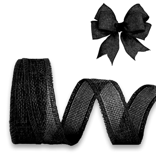 JaoZuyard Black Burlap Ribbon 1 inch X 10 Yard Black Linen Wired Ribbon
