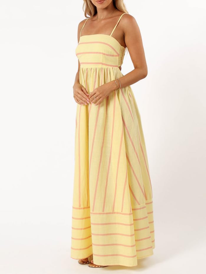 Image of NUFIWI Women Summer Striped Maxi Dress Spaghetti Strap Cutout Ruffle Long Dress Flowy Swing Beach Vocation Dress