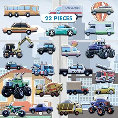 Cars and Trucks Window Clings for Kids & Toddlers (by Jesplay USA - Reusable Window Stickers Gels & Decals) Puffy Sticker Activites for Car Plane Home - Police, Race Cars, Monster, Tow, Fire Truck Cover