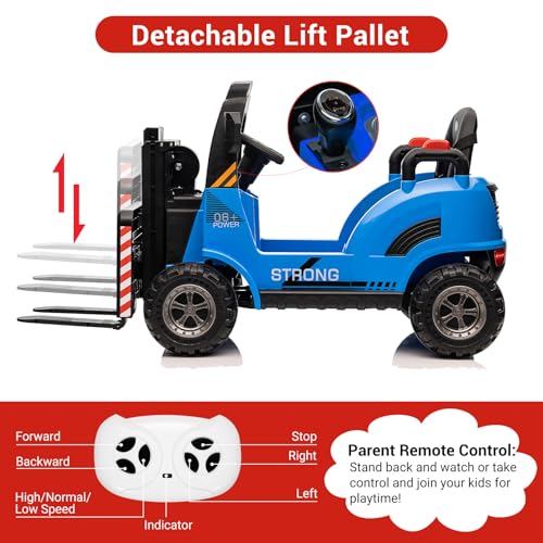 12V Kids Ride On Forklift Car, Electric Ride On Construction Car Toy for Toddles With Remote Control, Liftable Fork and Pallet, Low-Power Alarm, 2 Speeds, Music, Blue