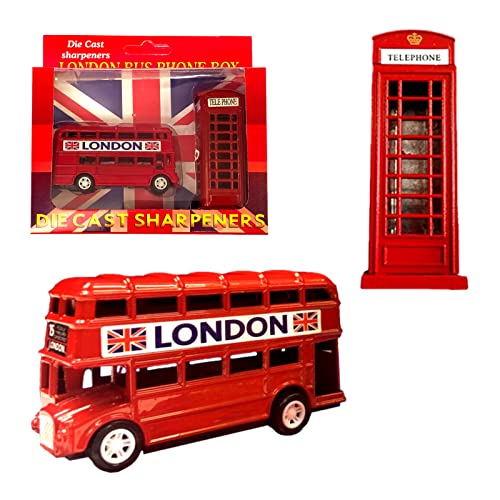 London Souvenir Pencil Sharpeners Set Die-Cast Metal London Bus & Telephone Box UK British Souvenir Gift - Set of 2