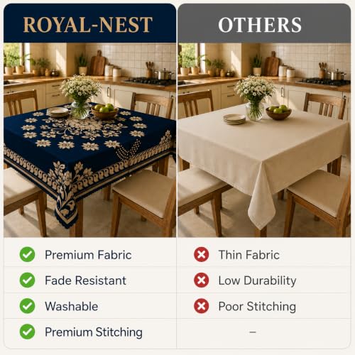 Image of Floral Dining Table Cover for 4 Seater | 58 x 38 Inch Rectangle Polyester Table Cloth | Washable Fabric Table Cover for Dining Table | Dust & Scratch Protection | Blue