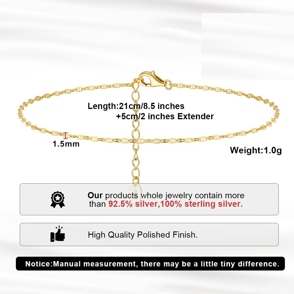 Pulsera de pie, cadenas for el tobillo, 2 piezas / juego 925 Cadena de eslabones de marinero de plata esterlina Tobilleras con clip de papel de tenis for mujeres Correas de cadena de pie de verano Joy
