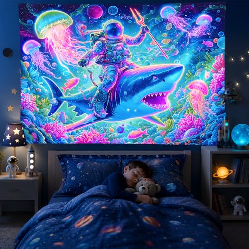 Image of BlissYard Neon Astronaut Shark Black Light Tapestry UV Reactive Psychedelic Underwater Galaxy Wall Hanging for Living Room Bedroom Dorm Room Bar Party Decor 78x59 Inch