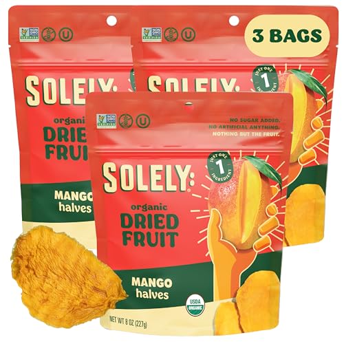 Image of SOLELY - Organic Dried Mango Halves (8 oz Resealable Bags, Pack of 3) - Real Fresh Fruit - 1 Ingredient - Healthy Snacks for Adults & Kids - Non GMO, Vegan Snacks, Shelf Stable - 3 Bags (24 oz)
