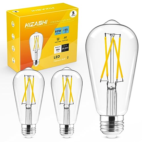 Hizashi Edison Bulb 60 Watt LED, 2700K Dimmable LED Light Bulbs E26 Base, ST19 Vintage Light Bulbs Soft Warm White, 95+CRI, UL Listed,700 Lumens 6W, Clear Glass, Pack of 3 Warm White 2700k 3