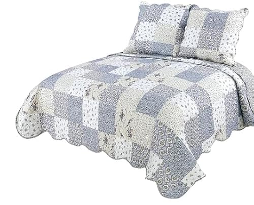 Autrefois Boutis Patchwork Victoria Tagesdecke 230 x 250 cm mit 2 Kissenbezügen 65 x 65 cm, gesteppte Tagesdecke für Doppelbett, Tagesdecke mit Blumen & Spitze