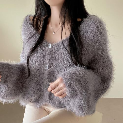 Fuzzy Mohair Cropped Cardigan Women Coquette Soft Warm Cardigan Trendy Fall Open Front Cardigan Sweaters2