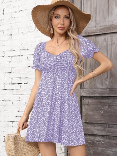 Image of Missufe Women's Puff Short Sleeve Drawstring Ruched Front Fit and Flare Floral Summer Casual Short Dress