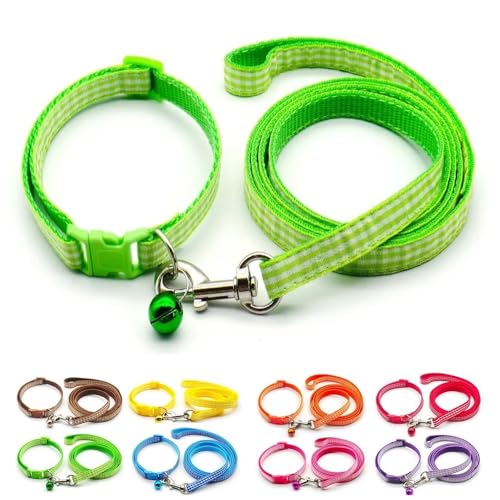 Small Dog Puppy Pet Collar and Lead Set Check Design Nylon Adjustable Size 19-32cm Collar with Bell and 120cm Leash Green