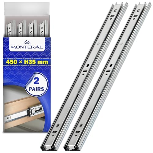 2 Pares Guias Correderas para Cajones con Rodamiento de Bolas 450 mm x H 35 mm - Rieles para Cajones Telescopicas de Extensión Total - Garantía de 10 Años - MONTERAL
