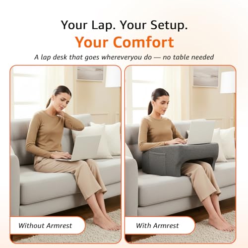 Image of amazon basics Gaming Lap Pillow | Lap Desk with Armrest Design | Side Pocket | Washable Velvet Cover | for Bed, Sofa & Floor | Grey