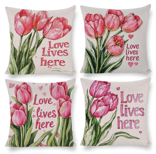 クッションカバー 60x60cm ビロード 装飾枕カバー 4枚セット 北欧 おしゃれ 可愛い インテリア アクセント 部屋飾り ソファ 椅子 車内 ベッド ソファー用クッションカバー 抱き枕カバー ソファ背当て 装飾枕カバー 座布団カバー (チューリップの