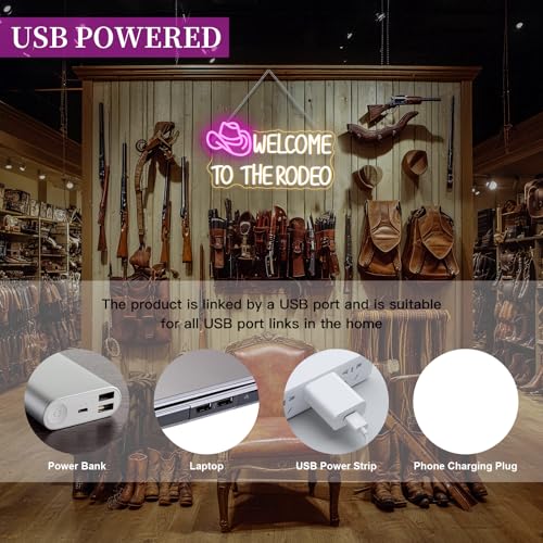 Image of WLHOPE Welcome To The Rodeo Neon Sign Cowboy Hat Led Lights Dimmable Light Signs for Wall Decor 16.5 x 8.6 inches USB Powered Licked Light Signs for Bar Home Club Party Western Bedroom Decoration