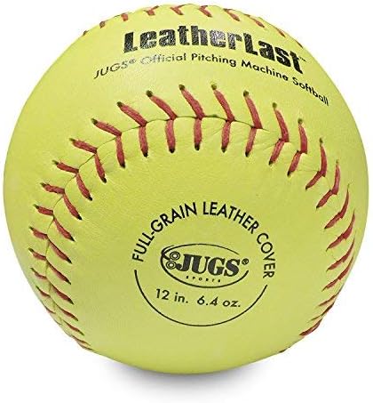 Jugs LeatherLast™ Softballs—1 Dozen. Regulation Size & Weight Leather Softball Designed specifically for Pitching Machines. Optic Yellow, Full-Grain Leather Cover. 1-Year Guarantee.