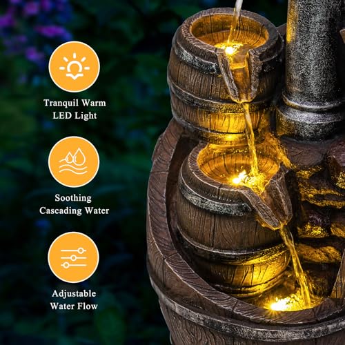 Image of Vintage Pump Barrel Outdoor Water Fountain, Resin & LED, 21.7 in