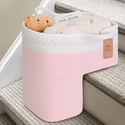 Image of Stair Basket for Wooden & Carpeted Stairs, Foldable Cotton Rope Step Basket with Handles, Staircase Storage Organizer, Pink, 15 inch Lx 10 inch W x 15 inch H