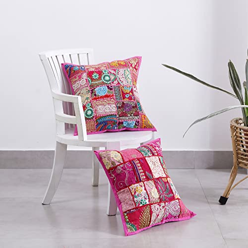 Image of Ravaiyaa - Attitude is everything Set Of 2 PC Home Sofa Decor Cotton Cushion Cover, Handmade Khambadiya Patchwork Pillow Case, Embroidery Cushions