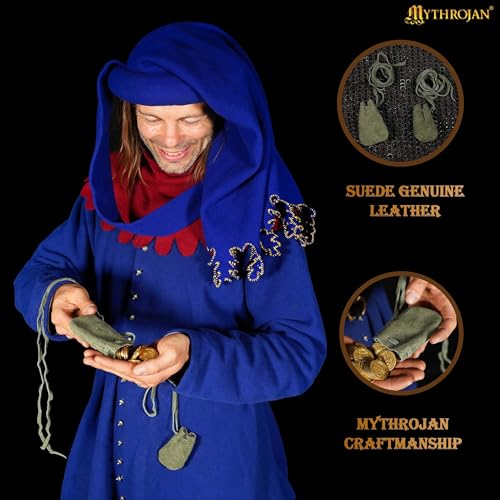 Image of Mythrojan Pack of 25 Small Trinket Pouches Suede Leather Drawstring Coin & Dice Bags for LARP, SCA, Viking & Medieval Events, Color : Dark Green